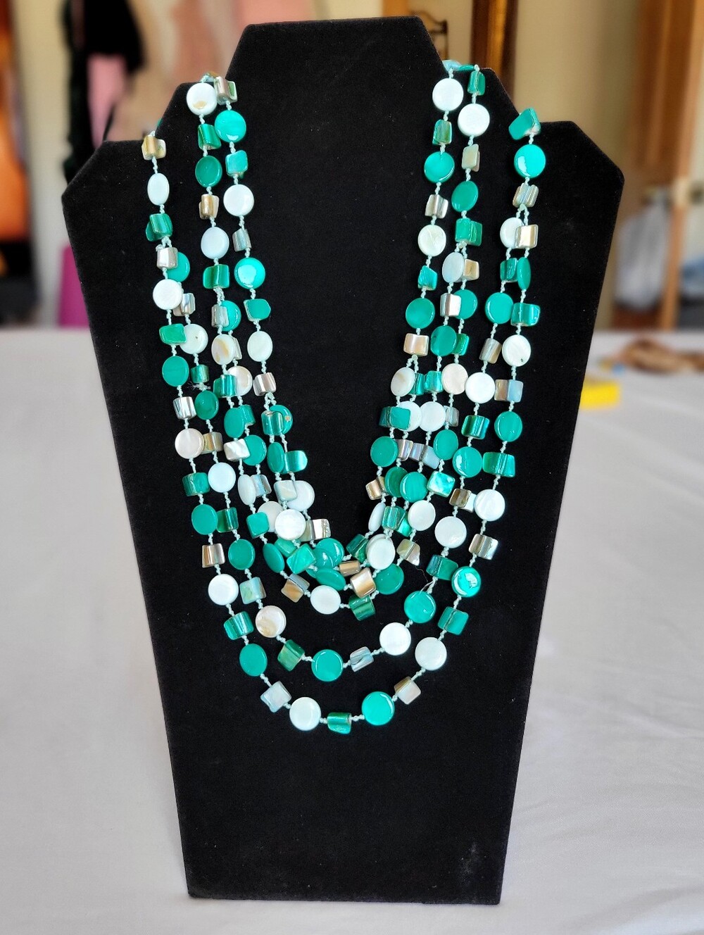 ​Green Mother of Pearl Multi Strand Layered Shell Statement Necklace